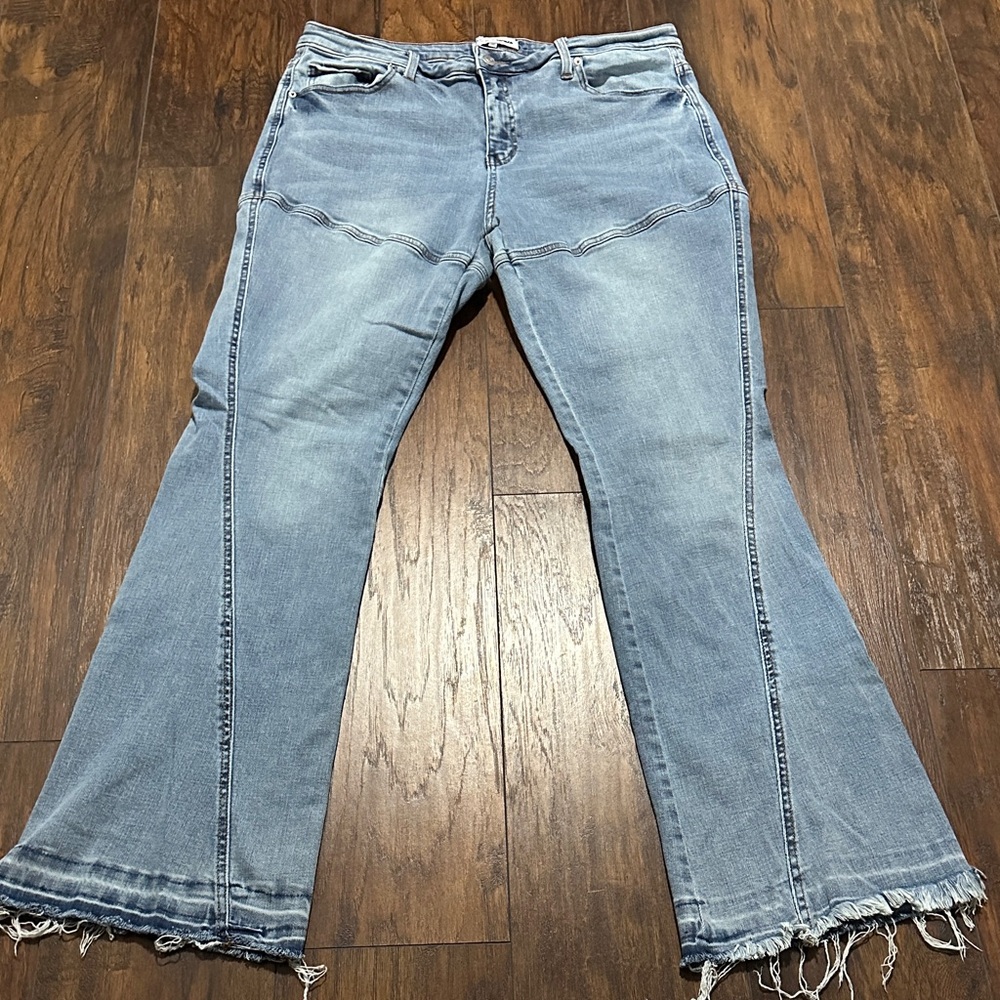 FN Bell Bottom Light Blue Washed Fade Flared Frayed Seam Stitch Stretchy Jeans